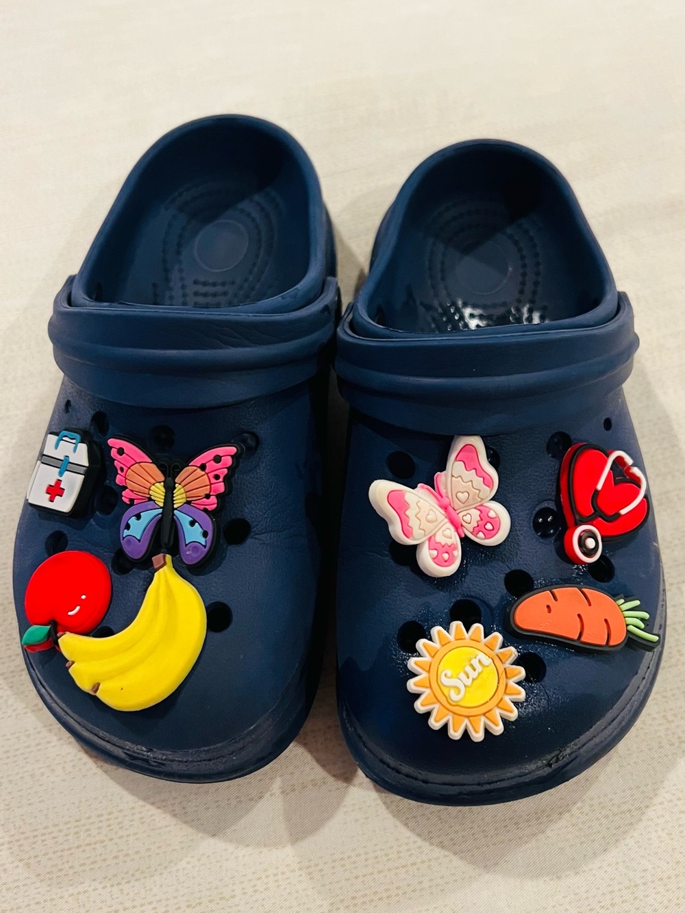 Kids Navy Blue Clog Shoes with Decorative Charms size 27 Toddler